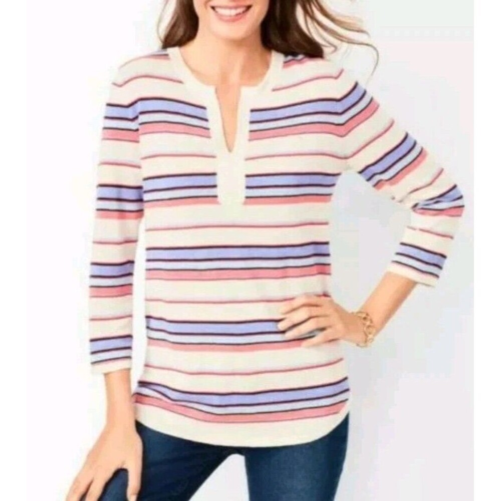 Talbots Womans Linen Blend Split Neck Sweater Striped Ivory Sz Small Coastal 141